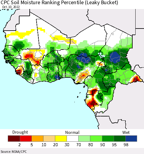 Western Africa CPC Soil Moisture Ranking Percentile (Leaky Bucket) Thematic Map For 10/6/2022 - 10/10/2022