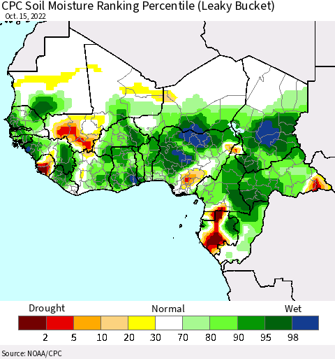 Western Africa CPC Soil Moisture Ranking Percentile (Leaky Bucket) Thematic Map For 10/11/2022 - 10/15/2022