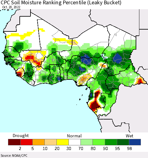 Western Africa CPC Soil Moisture Ranking Percentile (Leaky Bucket) Thematic Map For 10/16/2022 - 10/20/2022