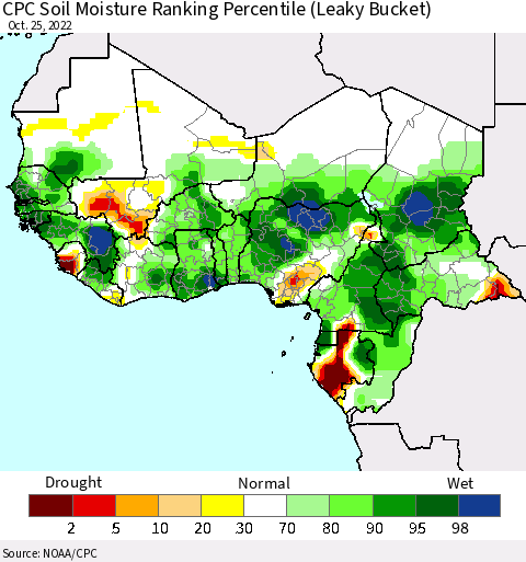 Western Africa CPC Soil Moisture Ranking Percentile (Leaky Bucket) Thematic Map For 10/21/2022 - 10/25/2022