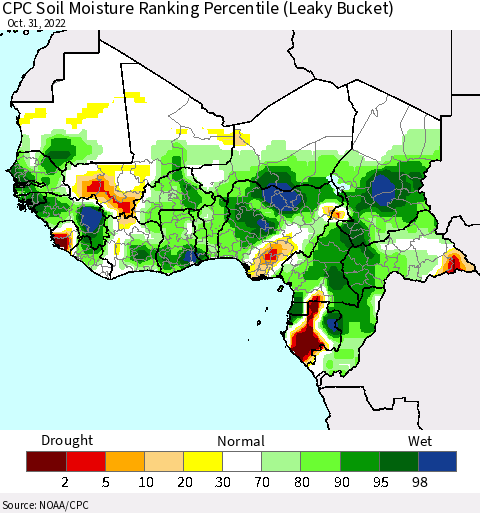Western Africa CPC Soil Moisture Ranking Percentile (Leaky Bucket) Thematic Map For 10/26/2022 - 10/31/2022
