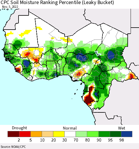 Western Africa CPC Soil Moisture Ranking Percentile (Leaky Bucket) Thematic Map For 11/1/2022 - 11/5/2022