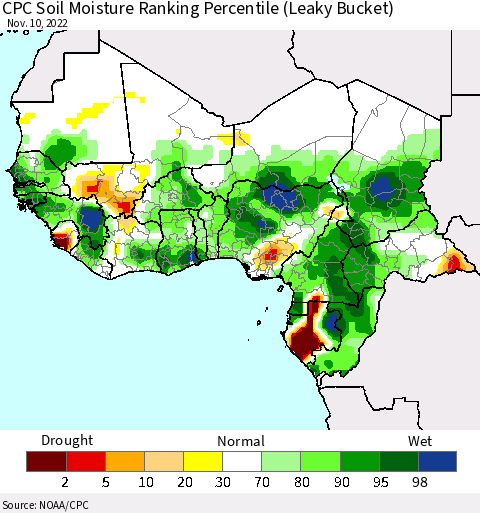 Western Africa CPC Soil Moisture Ranking Percentile (Leaky Bucket) Thematic Map For 11/6/2022 - 11/10/2022