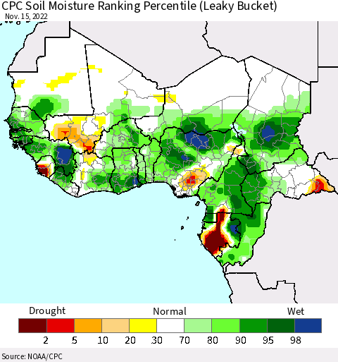 Western Africa CPC Soil Moisture Ranking Percentile (Leaky Bucket) Thematic Map For 11/11/2022 - 11/15/2022