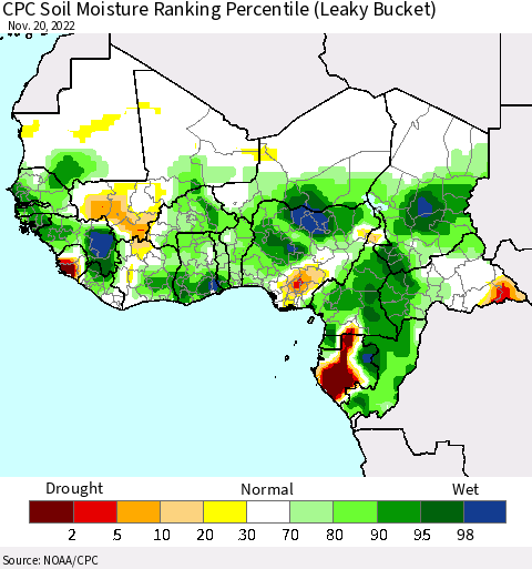 Western Africa CPC Soil Moisture Ranking Percentile (Leaky Bucket) Thematic Map For 11/16/2022 - 11/20/2022
