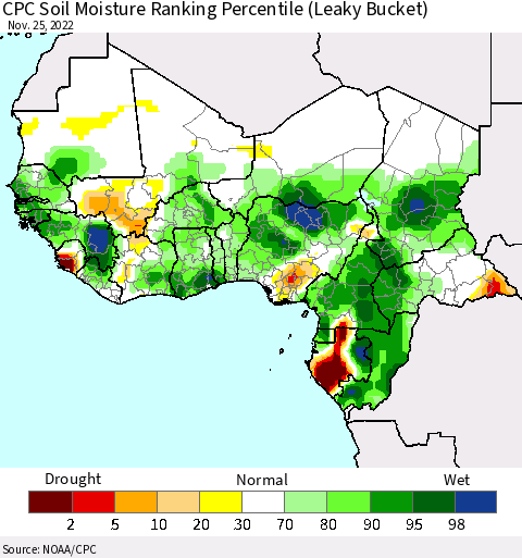 Western Africa CPC Soil Moisture Ranking Percentile (Leaky Bucket) Thematic Map For 11/21/2022 - 11/25/2022
