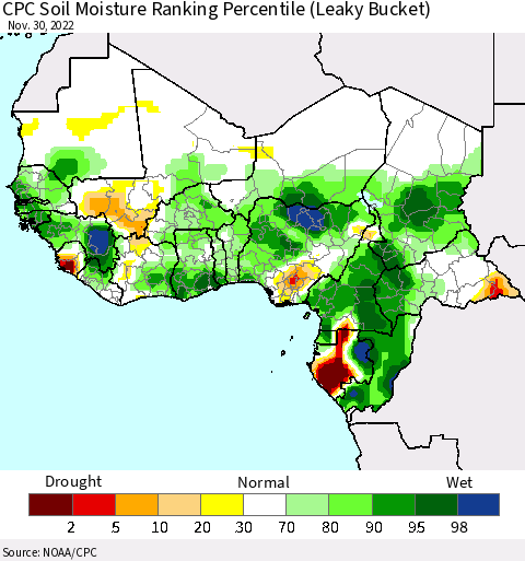 Western Africa CPC Soil Moisture Ranking Percentile (Leaky Bucket) Thematic Map For 11/26/2022 - 11/30/2022