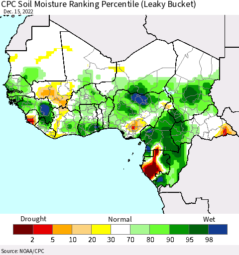 Western Africa CPC Soil Moisture Ranking Percentile (Leaky Bucket) Thematic Map For 12/11/2022 - 12/15/2022