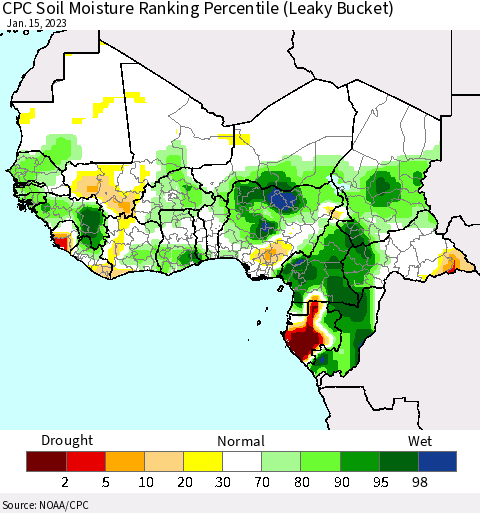 Western Africa CPC Soil Moisture Ranking Percentile (Leaky Bucket) Thematic Map For 1/11/2023 - 1/15/2023
