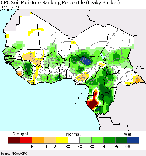 Western Africa CPC Soil Moisture Ranking Percentile (Leaky Bucket) Thematic Map For 2/1/2023 - 2/5/2023