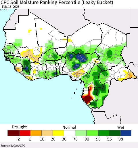 Western Africa CPC Soil Moisture Ranking Percentile (Leaky Bucket) Thematic Map For 2/11/2023 - 2/15/2023