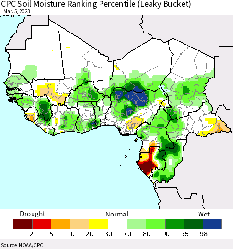 Western Africa CPC Soil Moisture Ranking Percentile (Leaky Bucket) Thematic Map For 3/1/2023 - 3/5/2023