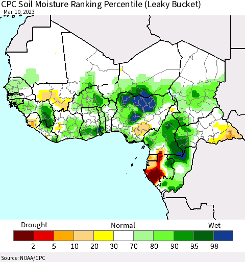 Western Africa CPC Soil Moisture Ranking Percentile (Leaky Bucket) Thematic Map For 3/6/2023 - 3/10/2023