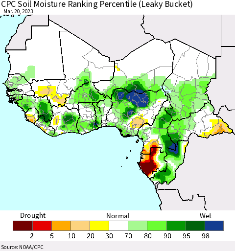 Western Africa CPC Soil Moisture Ranking Percentile (Leaky Bucket) Thematic Map For 3/16/2023 - 3/20/2023