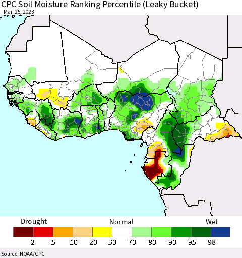 Western Africa CPC Soil Moisture Ranking Percentile (Leaky Bucket) Thematic Map For 3/21/2023 - 3/25/2023
