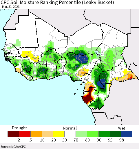 Western Africa CPC Soil Moisture Ranking Percentile (Leaky Bucket) Thematic Map For 3/26/2023 - 3/31/2023