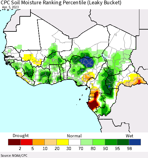 Western Africa CPC Soil Moisture Ranking Percentile (Leaky Bucket) Thematic Map For 4/1/2023 - 4/5/2023