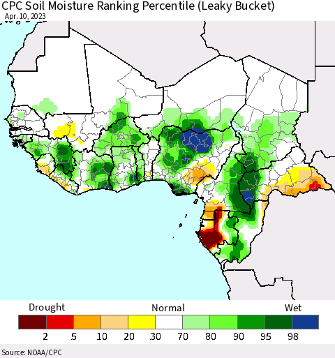 Western Africa CPC Soil Moisture Ranking Percentile (Leaky Bucket) Thematic Map For 4/6/2023 - 4/10/2023