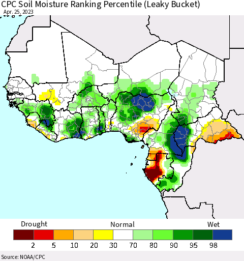 Western Africa CPC Soil Moisture Ranking Percentile (Leaky Bucket) Thematic Map For 4/21/2023 - 4/25/2023