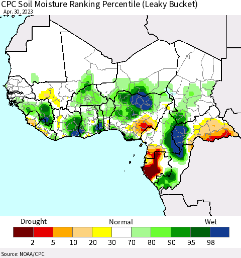 Western Africa CPC Soil Moisture Ranking Percentile (Leaky Bucket) Thematic Map For 4/26/2023 - 4/30/2023