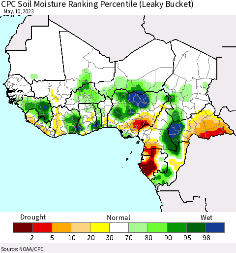 Western Africa CPC Soil Moisture Ranking Percentile (Leaky Bucket) Thematic Map For 5/6/2023 - 5/10/2023