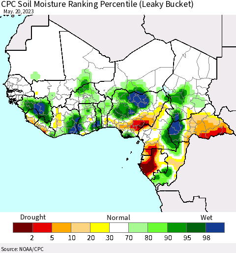 Western Africa CPC Soil Moisture Ranking Percentile (Leaky Bucket) Thematic Map For 5/16/2023 - 5/20/2023