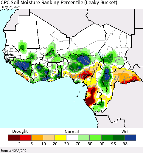 Western Africa CPC Soil Moisture Ranking Percentile (Leaky Bucket) Thematic Map For 5/21/2023 - 5/25/2023