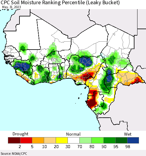 Western Africa CPC Soil Moisture Ranking Percentile (Leaky Bucket) Thematic Map For 5/26/2023 - 5/31/2023