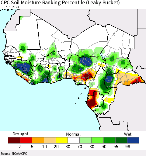 Western Africa CPC Soil Moisture Ranking Percentile (Leaky Bucket) Thematic Map For 6/1/2023 - 6/5/2023