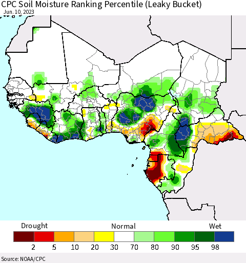 Western Africa CPC Soil Moisture Ranking Percentile (Leaky Bucket) Thematic Map For 6/6/2023 - 6/10/2023