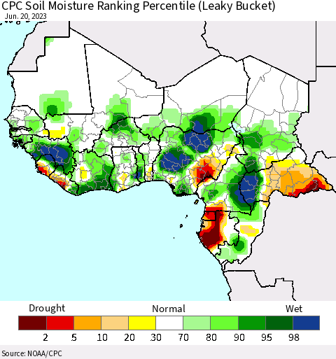Western Africa CPC Soil Moisture Ranking Percentile (Leaky Bucket) Thematic Map For 6/16/2023 - 6/20/2023