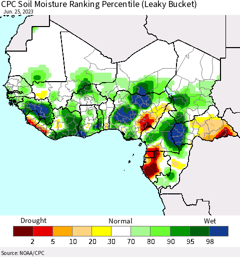 Western Africa CPC Soil Moisture Ranking Percentile (Leaky Bucket) Thematic Map For 6/21/2023 - 6/25/2023