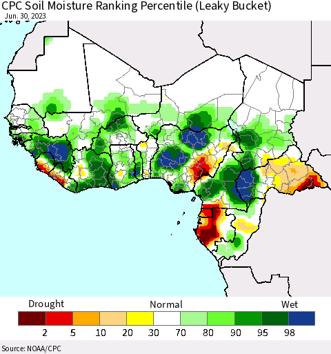 Western Africa CPC Soil Moisture Ranking Percentile (Leaky Bucket) Thematic Map For 6/26/2023 - 6/30/2023