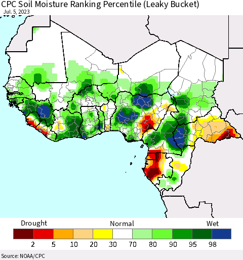 Western Africa CPC Soil Moisture Ranking Percentile (Leaky Bucket) Thematic Map For 7/1/2023 - 7/5/2023