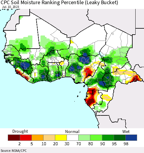 Western Africa CPC Soil Moisture Ranking Percentile (Leaky Bucket) Thematic Map For 7/6/2023 - 7/10/2023