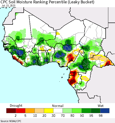 Western Africa CPC Soil Moisture Ranking Percentile (Leaky Bucket) Thematic Map For 7/11/2023 - 7/15/2023