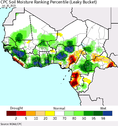 Western Africa CPC Soil Moisture Ranking Percentile (Leaky Bucket) Thematic Map For 7/16/2023 - 7/20/2023