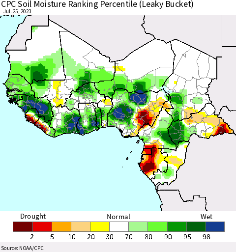 Western Africa CPC Soil Moisture Ranking Percentile (Leaky Bucket) Thematic Map For 7/21/2023 - 7/25/2023