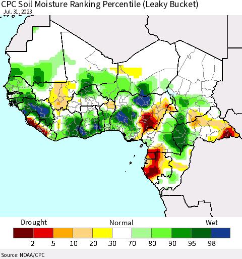 Western Africa CPC Soil Moisture Ranking Percentile (Leaky Bucket) Thematic Map For 7/26/2023 - 7/31/2023