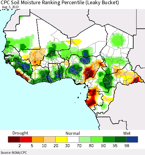 Western Africa CPC Soil Moisture Ranking Percentile (Leaky Bucket) Thematic Map For 8/1/2023 - 8/5/2023