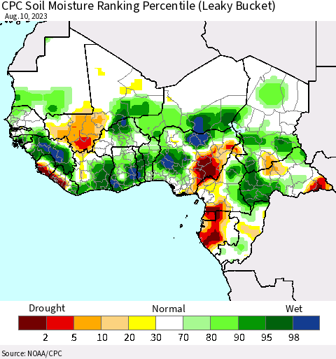 Western Africa CPC Soil Moisture Ranking Percentile (Leaky Bucket) Thematic Map For 8/6/2023 - 8/10/2023
