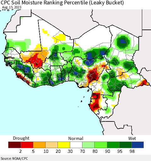Western Africa CPC Soil Moisture Ranking Percentile (Leaky Bucket) Thematic Map For 8/11/2023 - 8/15/2023