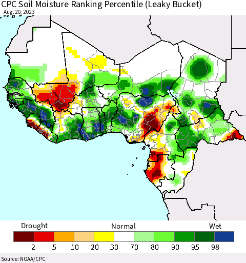Western Africa CPC Soil Moisture Ranking Percentile (Leaky Bucket) Thematic Map For 8/16/2023 - 8/20/2023
