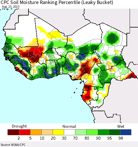 Western Africa CPC Soil Moisture Ranking Percentile (Leaky Bucket) Thematic Map For 8/21/2023 - 8/25/2023