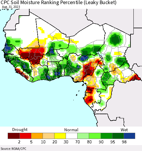 Western Africa CPC Soil Moisture Ranking Percentile (Leaky Bucket) Thematic Map For 8/26/2023 - 8/31/2023