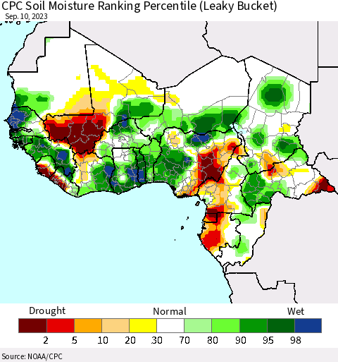 Western Africa CPC Soil Moisture Ranking Percentile (Leaky Bucket) Thematic Map For 9/6/2023 - 9/10/2023