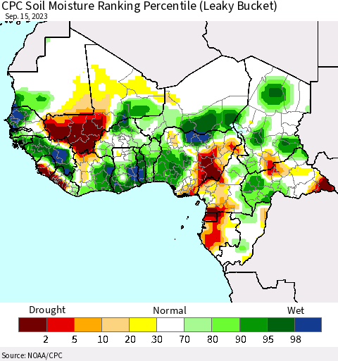 Western Africa CPC Soil Moisture Ranking Percentile (Leaky Bucket) Thematic Map For 9/11/2023 - 9/15/2023