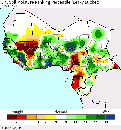 Western Africa CPC Soil Moisture Ranking Percentile (Leaky Bucket) Thematic Map For 9/26/2023 - 9/30/2023