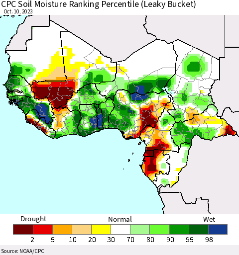 Western Africa CPC Soil Moisture Ranking Percentile (Leaky Bucket) Thematic Map For 10/6/2023 - 10/10/2023