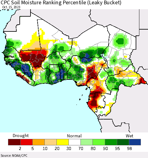 Western Africa CPC Soil Moisture Ranking Percentile (Leaky Bucket) Thematic Map For 10/11/2023 - 10/15/2023